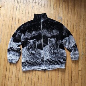 Vintage black Wolf Print Fleece sweater zip up XL